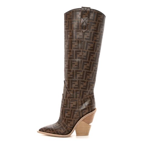 FENDI Glazed Fabric FF 1974 Cutwalk Tall Boots 37 Mogano 